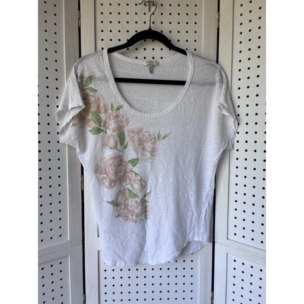 Joie Short SLV Linen Tee Shirt Women's XS Floral White‎ Peach